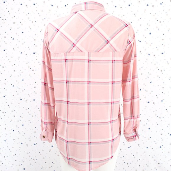 Knit Plaid Button Up Shirt Hi Lo Hem Pink Ivory - Picture 7 of 8